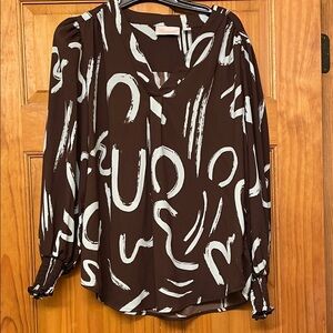 Belle by Kim Gravel Brown and Light Teal Abstract Blouse